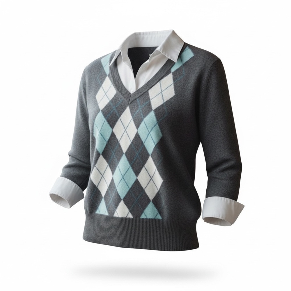 Y2K Classic Prep Argyle white collared shirt sweater Van Heusen Medium